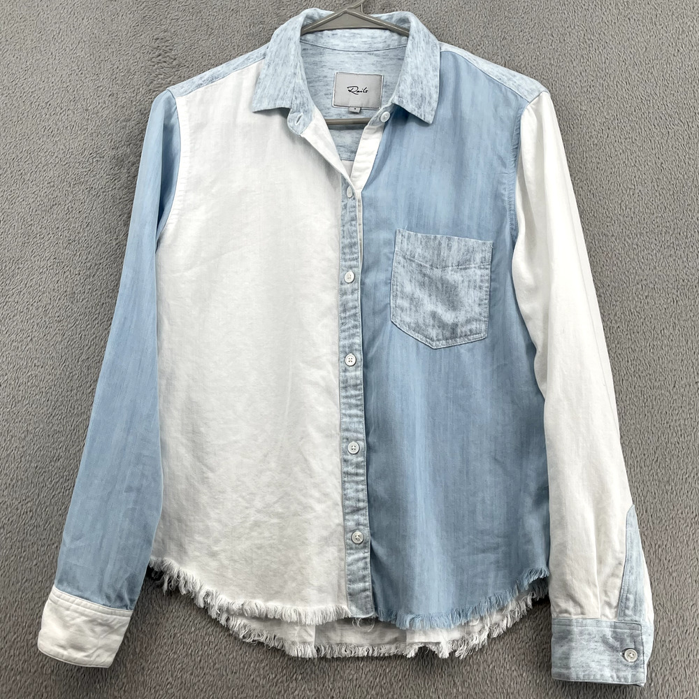 Rails Ingrid Raw Light Vintage Patchwork Top Womens S Blue White Tencel Shirt